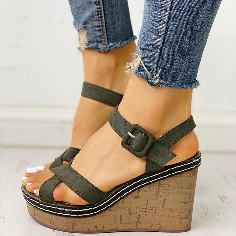 Sarairis Hoge Hakken Vrouwen Platform Enkel-Strap Leisure Zomer Wiggen Sandalen Vrouw Schoenen: Army Green / 7.5