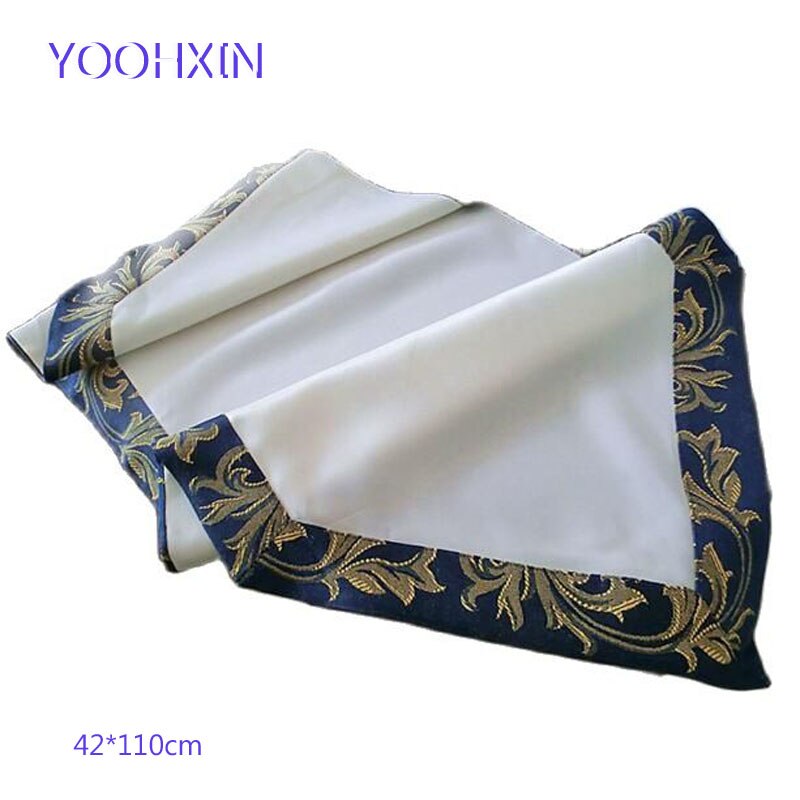 Luxe Wit Blauw Satijn Borduurwerk Bed Tafelloper Vlag Doek Cover Kant Tafelkleed Keuken Home Party Kerst Wedding Decor