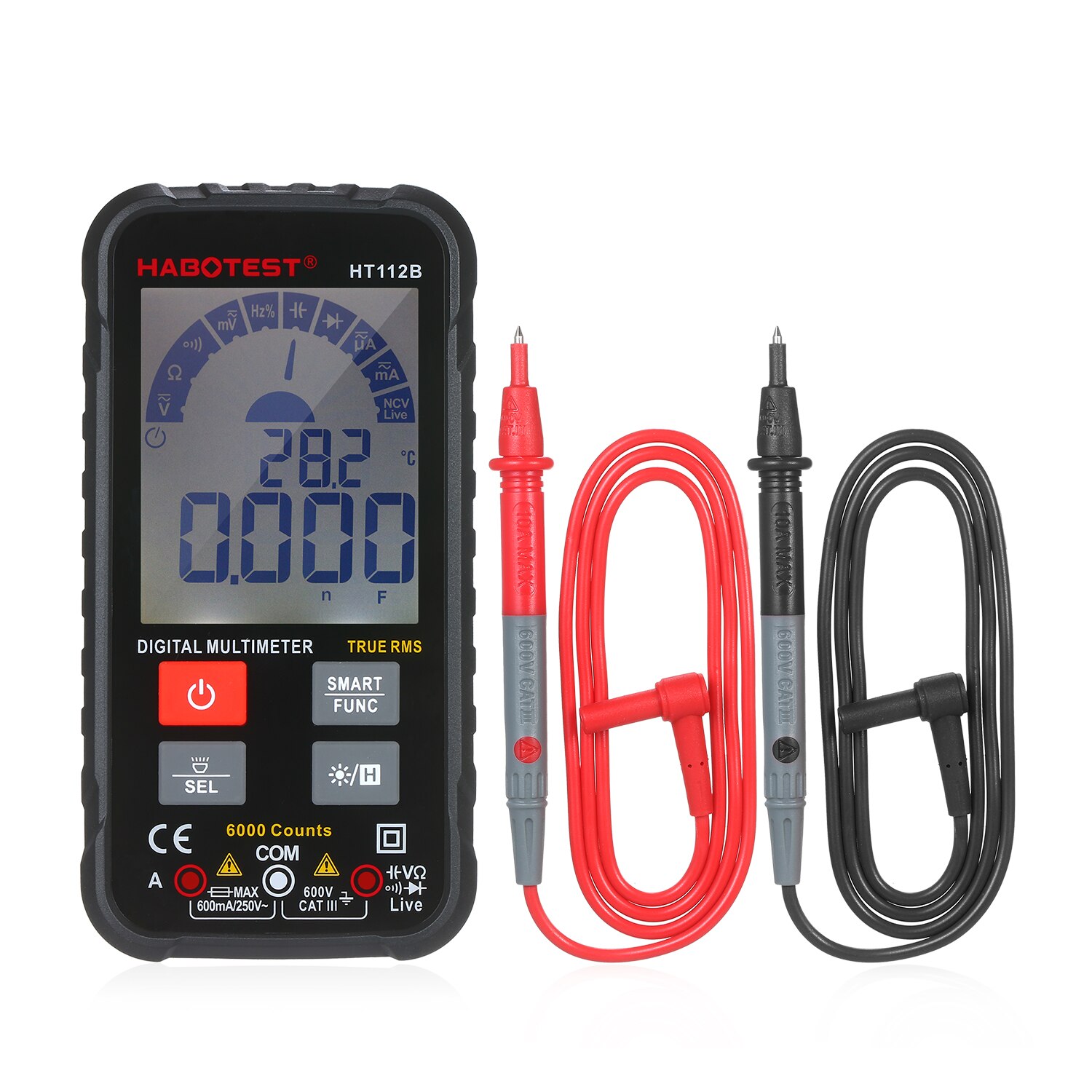 HT112B Multimeter Digital 6000 Counts TRMS Multimeter Digital LCD Display AC Voltmeter Ammeter Ohmmeter Test Diode Capacitance