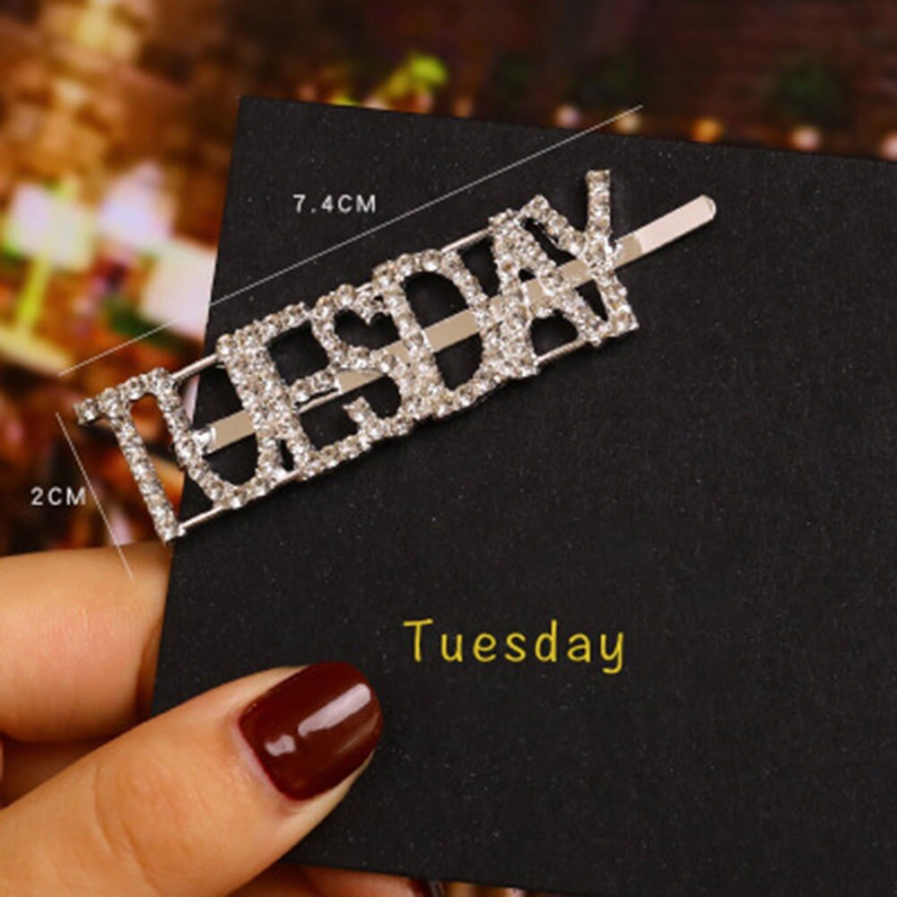 1Pc Woord Clip Parel Haaraccessoires Engels Week Brief Haarspeld Strass Zilveren Diamanten Liu Seaside Clip