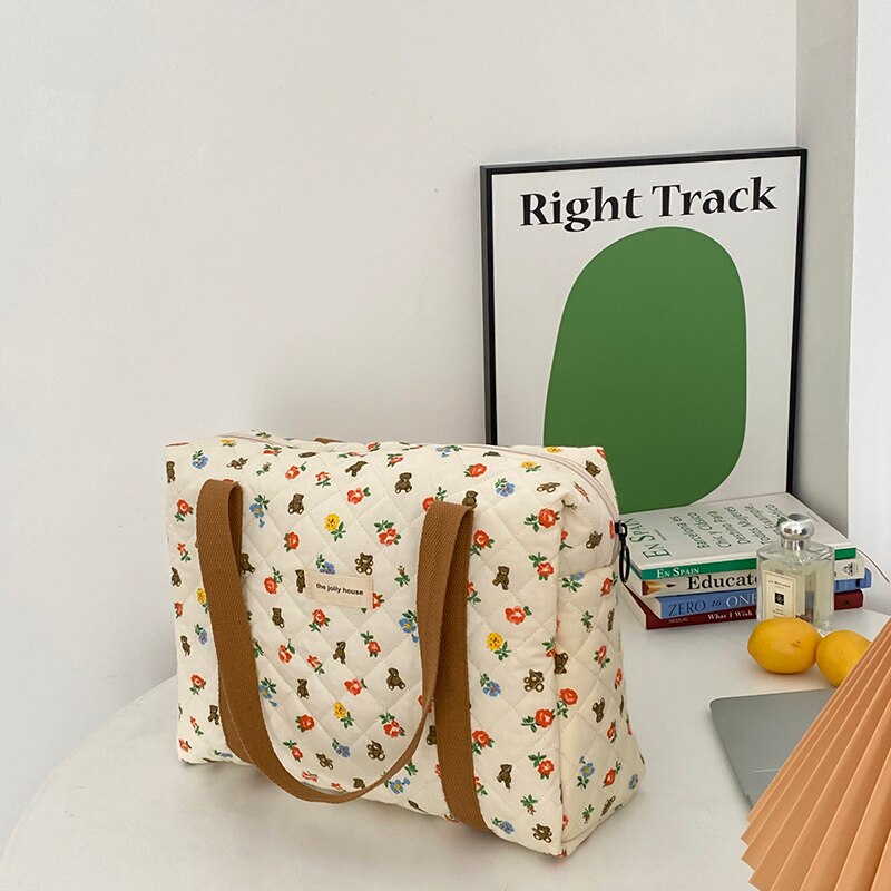 Liberty-Bolso de compras acolchado de algodón para mujer, bolsa de hombro de tela suave con estampado Floral de oso, libros bonitos, con cremallera, grande