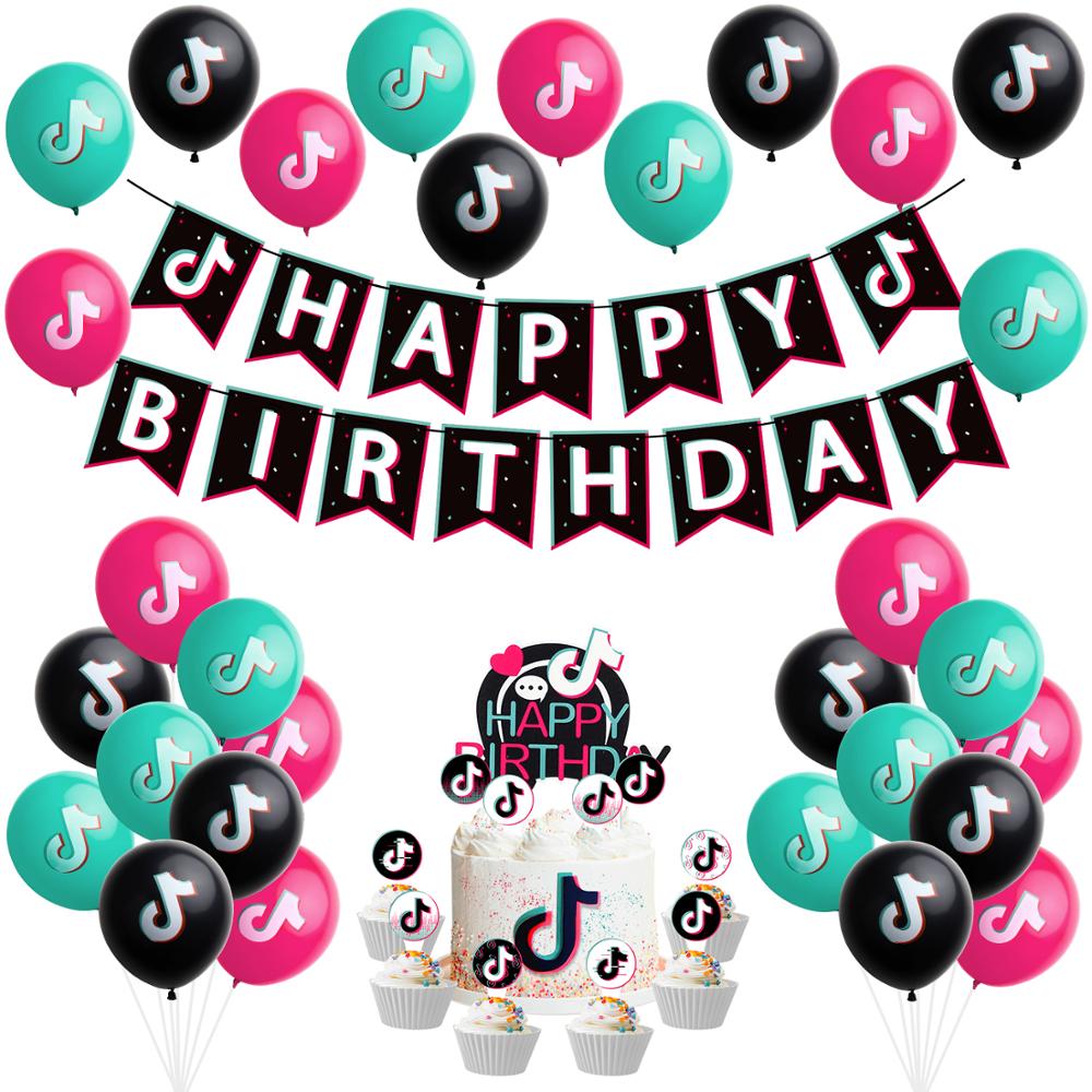 56Pcs Party Decoration TIK Themed TOK Birthday Printing Banner Balloon Cake Topper Music Sign Flags Toppers Decor Video for Fans