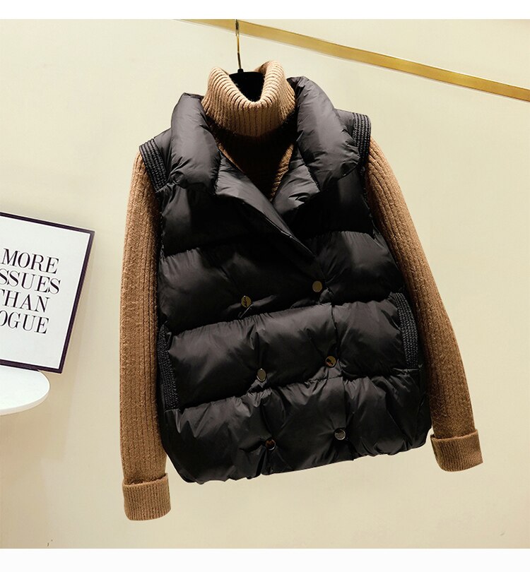 Vrouwen Double-Breasted Korte Vest Herfst Winter Stand Kraag Katoen Gewatteerde Puffer Jas Vrouwelijke Parka Body Uitloper