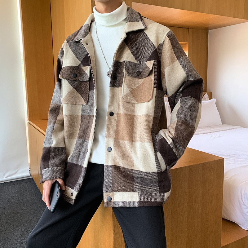 Winter Wollen Jas Mannen Mode Casual Tartan Wollen Jas Mannen Streetwear Wilde Losse Grote Maat Man Jassen Overjas M-5XL