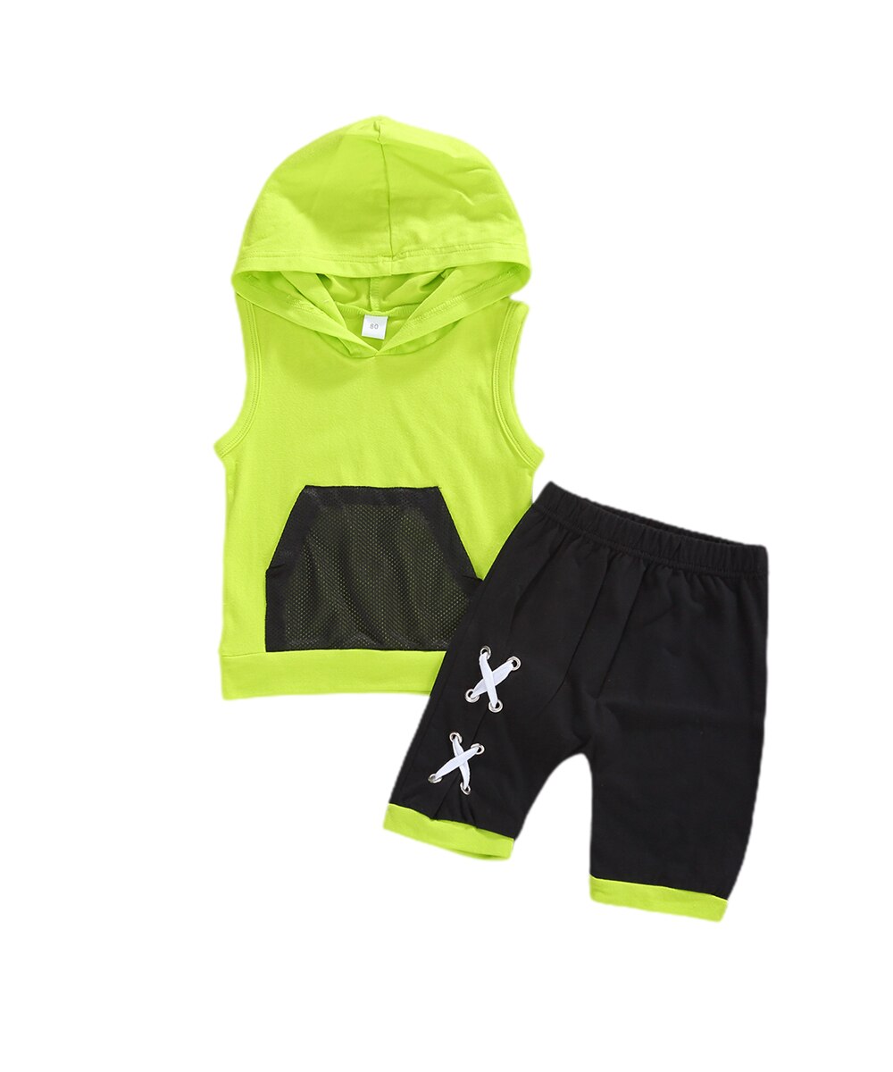 1-6Y verano bebé Infante niños bolsillo sólido sin mangas con capucha Tops pantalones cortos conjuntos de ropa 2 uds: 2-3 Years / Verde