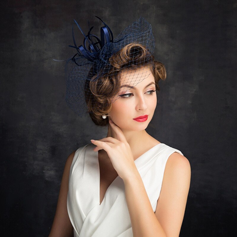 Navy Blue Wedding Hats Bridal Headpiece with Veil Handmade Birdcage for Evening Party