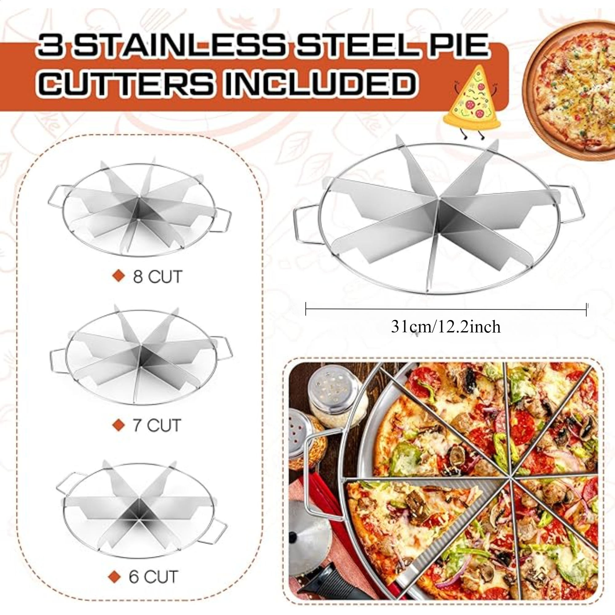Kakeskjærer i rustfritt stål, pizzaskjærer, paiskutter, 6/7/8- skåret, like deler, kakedeler med håndtak, pizzaskjærer til bakverk og ost