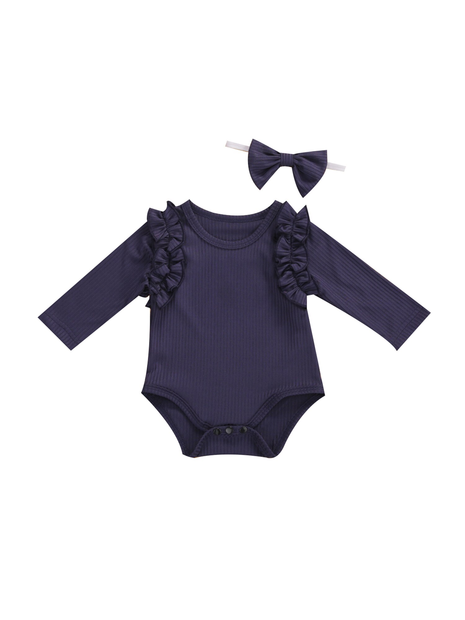 Imcute 5 couleurs automne bébé barboteuse avec bandeau couleur unie col rond à manches longues combinaison et chapeaux pour filles garçons: Bleu / 6M