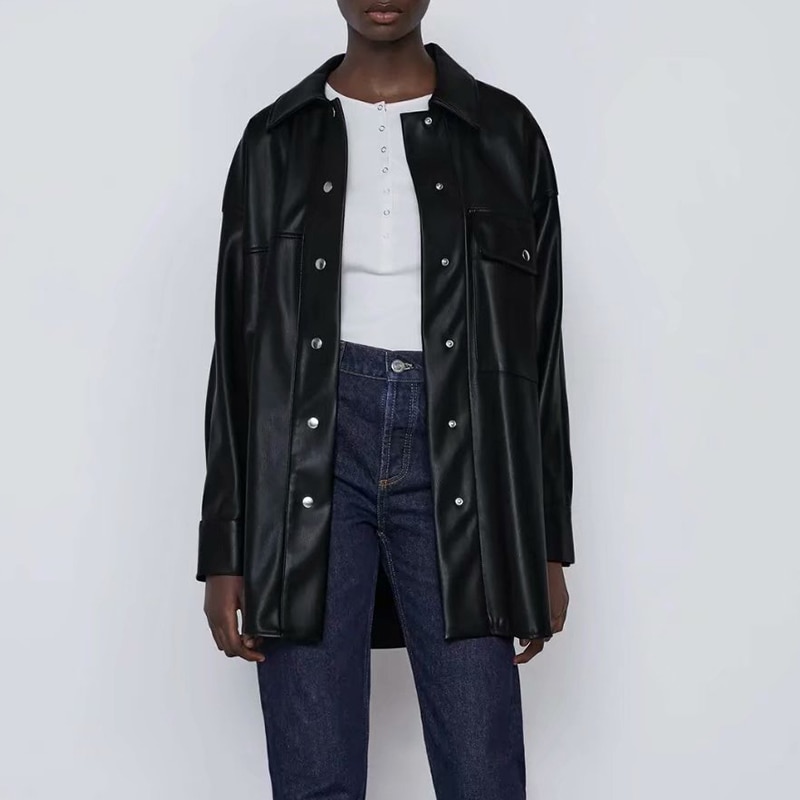 Chaqueta de cuero sintético para mujer, abrigo de camisa fina para primavera y otoño, ropa de calle a la , chaqueta gótica Vintage de color negro, atuendo estético,