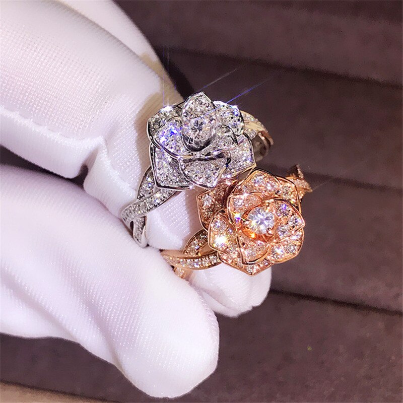 Leuke Mode Grote Rose Bloem Ring Luxe Vrouwelijke Rose Gold Engagement Ring Vintage Party Wedding Band Ringen Voor Vrouwen