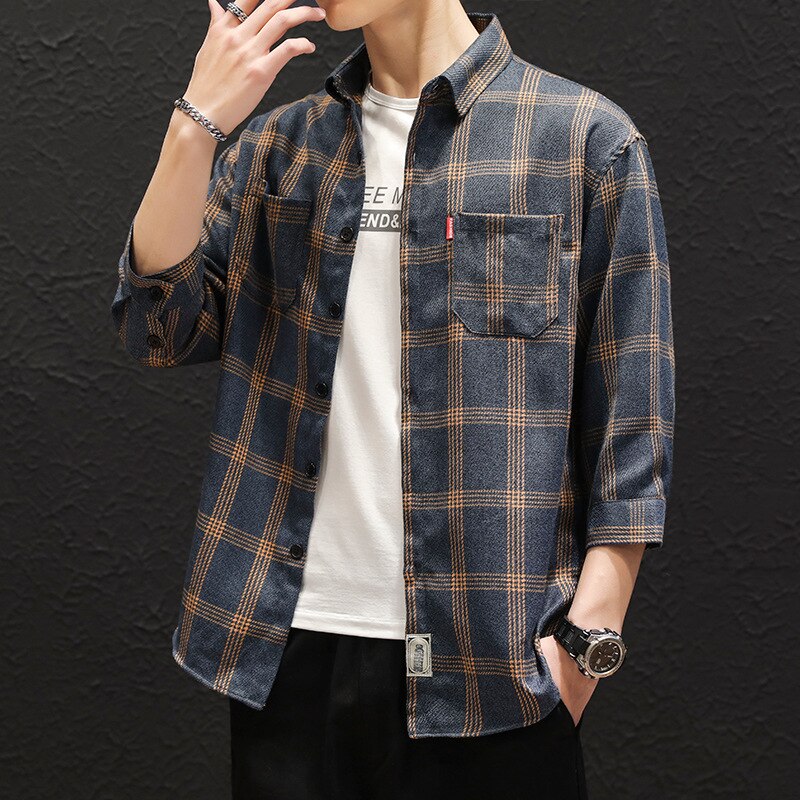 Høst halvermet skjorte herre slim fit ull casual rutete skjorter herreklær koreansk merke pluss størrelse m -4xl