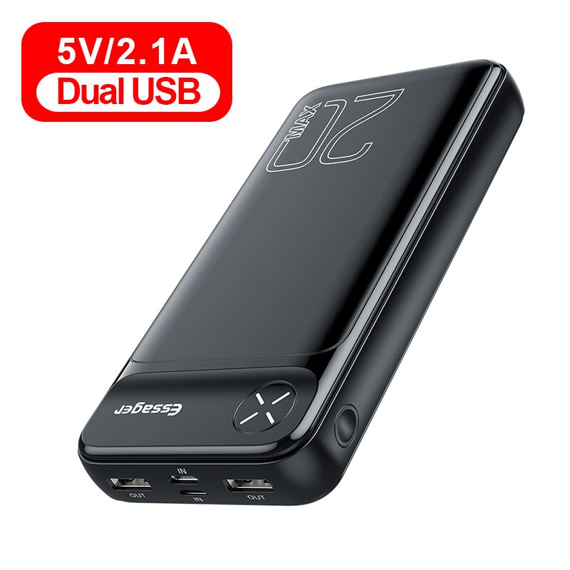 Essager – chargeur de batterie externe portable, 20000 mAh, 20000 mAh, Powerbank PD 20W, charge rapide pour iPhone: 2.1A Dual USB Balck