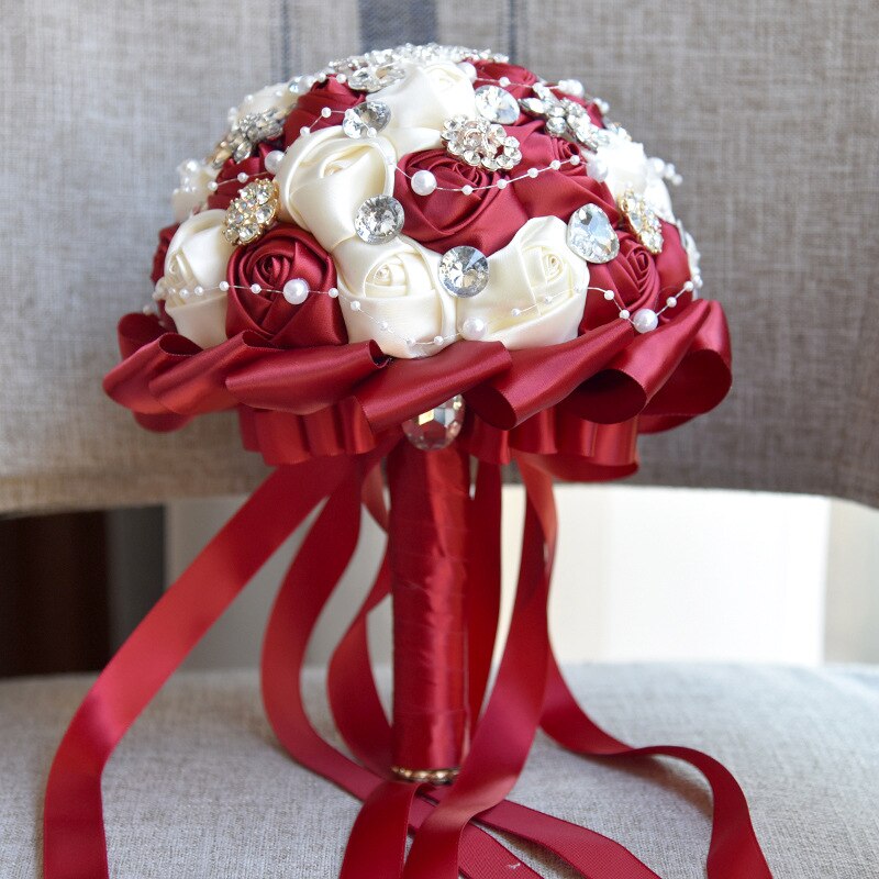 Wine and Champagne Rose Flowers Rhinestones Wedding Bouquet Handmade Flowers Bride Bouquet Accessories: wine red