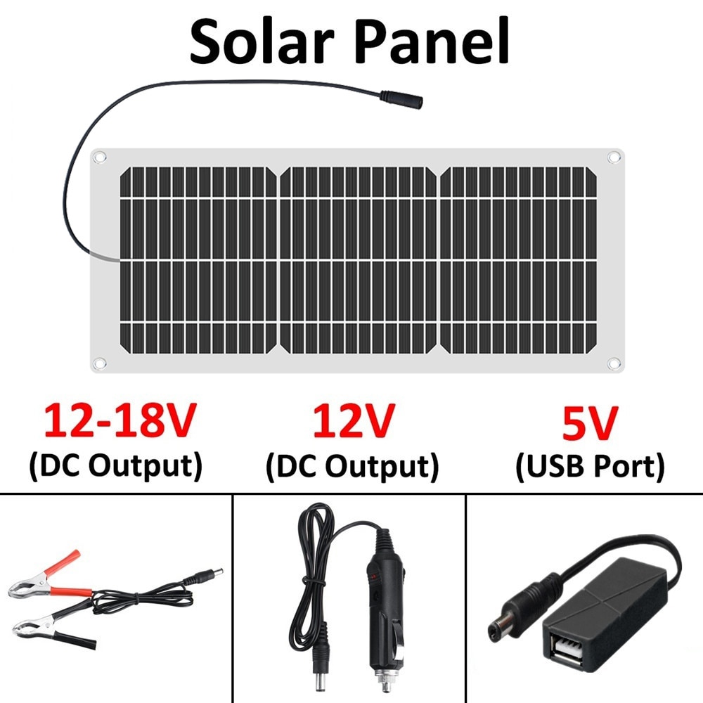 placas solares 10w 20w 30W painel solar portátil carregador de bateria kit com portas USB e 18V DC para banco de energia de telefone celular RVs de barco de carro fora da rede carregue baterias de 12V e dispositivo 5V