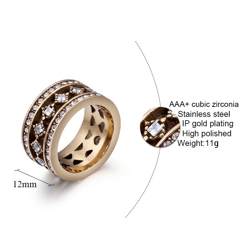 Edelstahl Jahrgang Gold Farbe Breiten Ring Stapeln CZ Steine Hochzeit Ring für Frauen Partei Schmuck 12mm