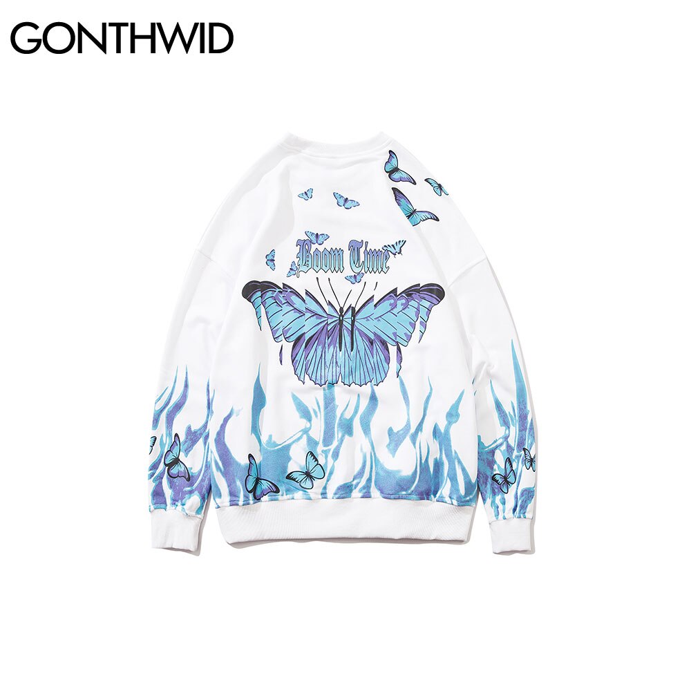 GONTHWID feu flamme papillon imprimer pull sweats à capuche Harajuku Hip Hop décontracté col rond sweat hommes hauts à la