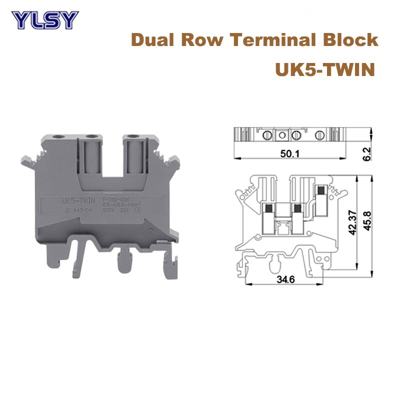 2Pcs Din Rail Dual Row Screw Terminal Blocks UK5-TWIN Morsettiera Electrical Wire Double Terminals Block Connector 32A 4mm2