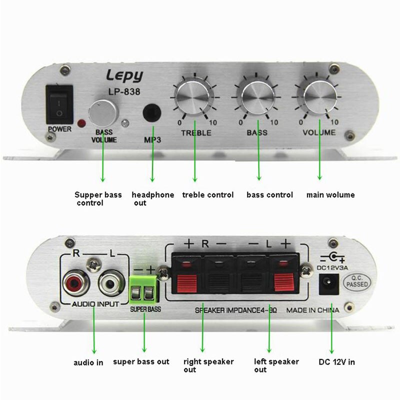 Lepy LP-838BT Bluetooth 5.0 Eindversterker 2.1 3 Kanaals Super Bass Audio Sound Amplificador Met 12V3A Power En Aux Kabel