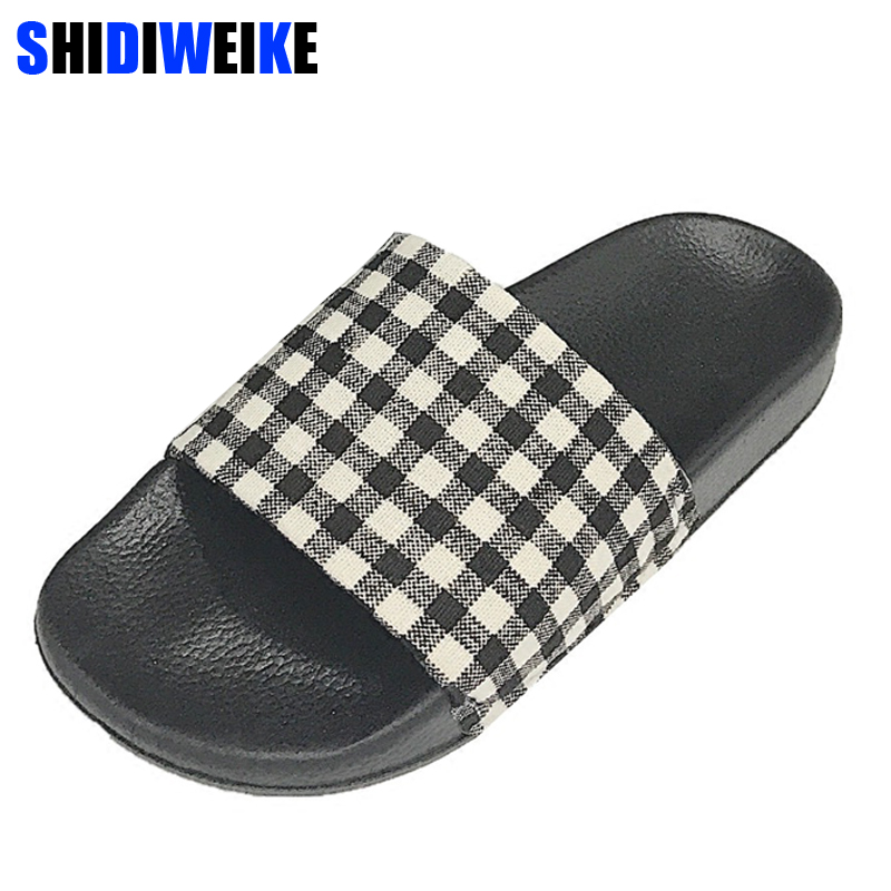 Slippers Women Summer Cotton Fabric Checkered Shoes Slip On Flat Sandals Slides Sandalias m555
