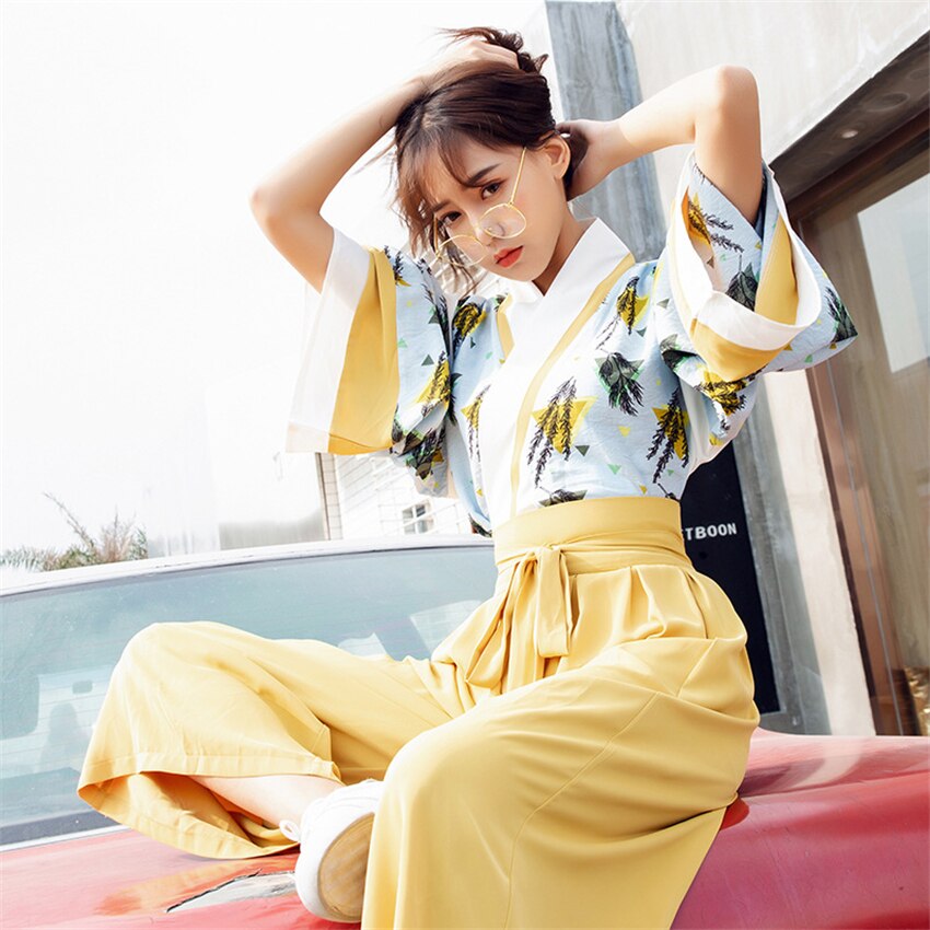 Japansk kimono for kvinne orientalske japan klær sett store lange ermer brede ben bukser fest fotografering kostymer