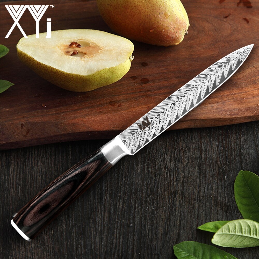 XYj Damascus Pattern Veins Blade Chef Knives Set Stainless Steel Wood Handle Bread Slicing Santoku Utility Knife Cover Sheath
