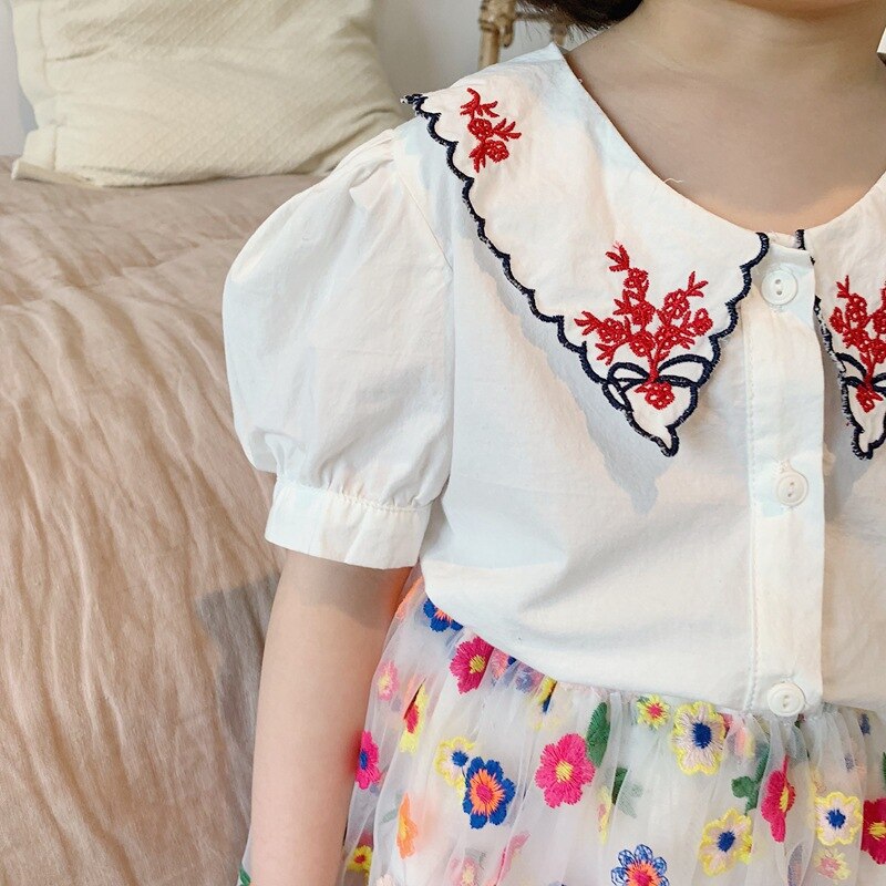 Baby Girls Embroidered Plaid Shirt Sweet Toddler Blouse Infant Summer Short Sleeve Children Cotton Shirts Kids Tops Pants: white shirt / 12M