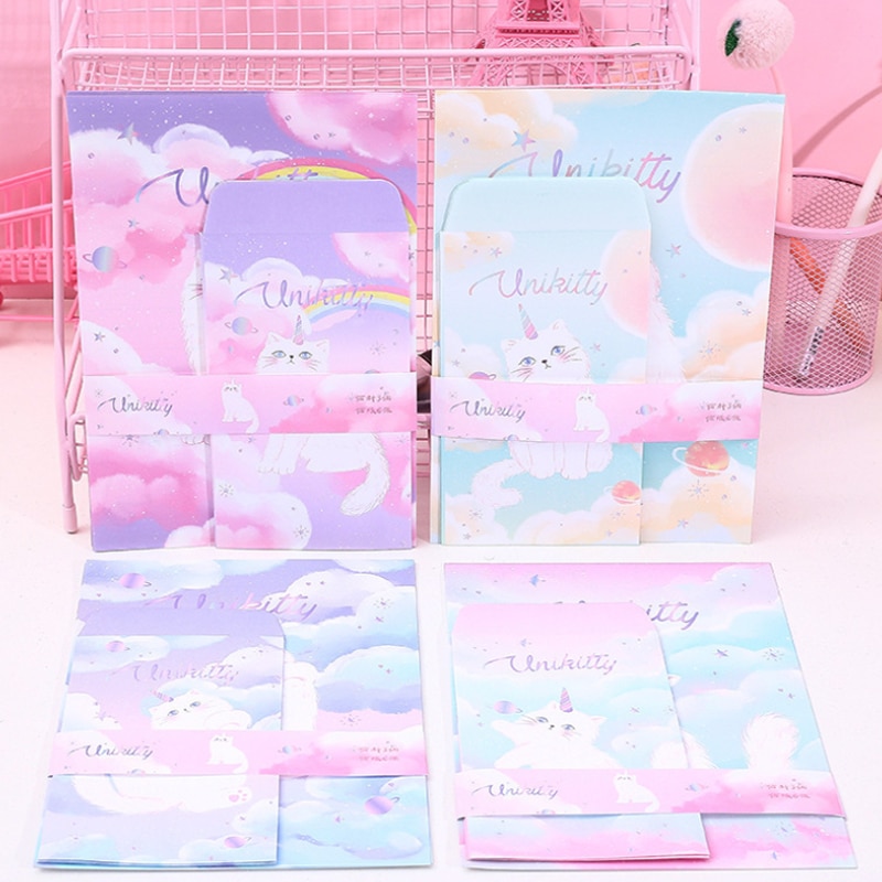 3 enveloppes + 6 lettres en papier, Kawaii, licorne chat, papeterie coréenne, fournitures scolaires et de bureau, enveloppe décorative de mariage: Default Title