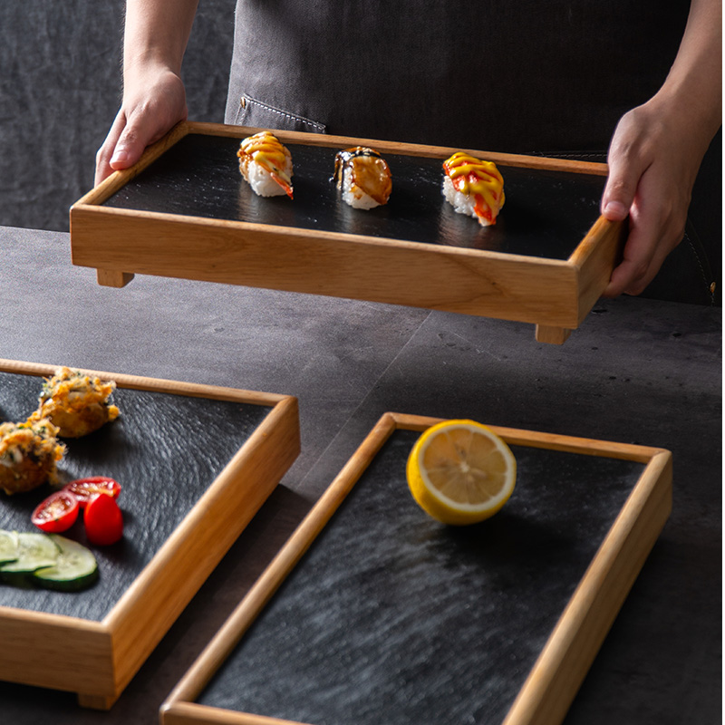 Black Rock Plate Restaurant Hotel Western Plate Kitchen Bamboo Wood Pot Shabu-shabu Plate Slate Tableware Barbecue Plate
