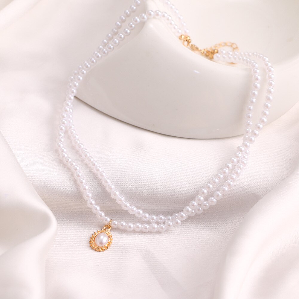Mode Dubbele Parel Choker Ketting Voor Vrouwen Koreaanse Imitatie Parel Hanger Korte Ketting Trend Choker Sieraden Чокер