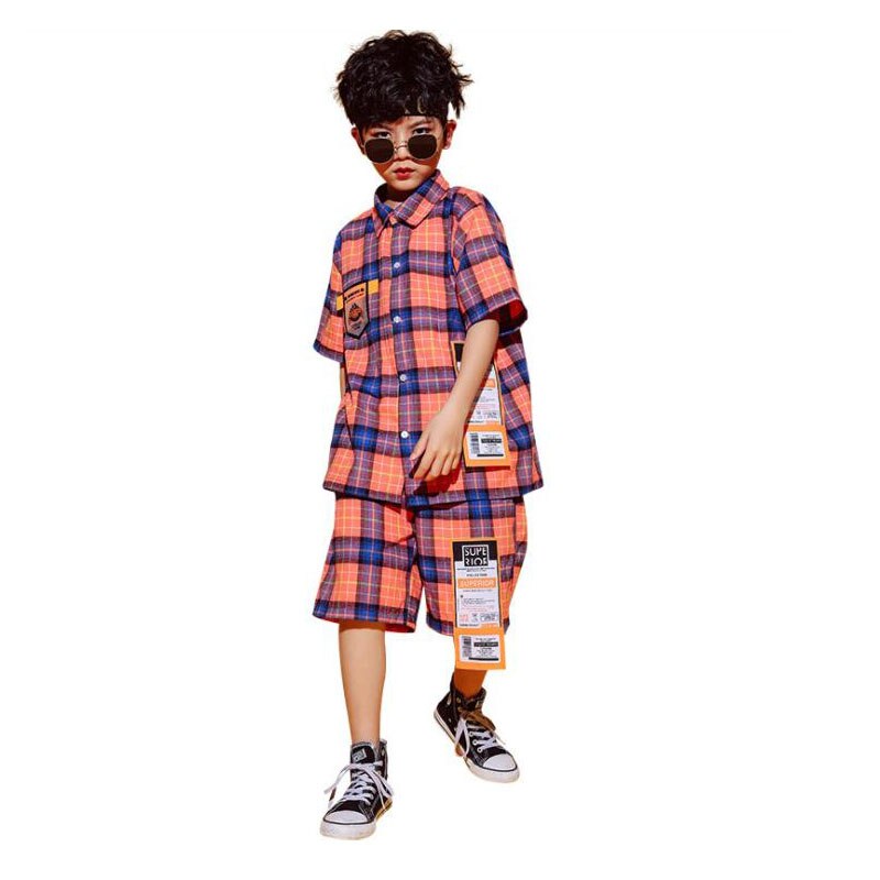 Kids Cool Ballroom Hip Hop dancing Outfits Plaid Tshirt dance Shorts Jazz Dance Wear Costumes Clothes For Boys Girls