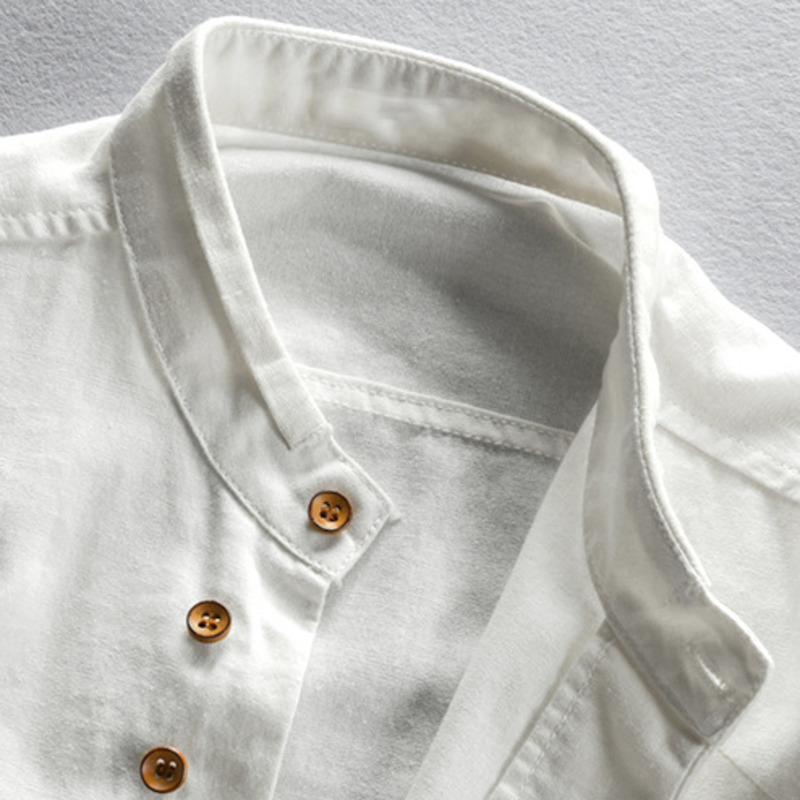 Camisa de algodón y lino de estilo japonés para hombre, Tops clásicos transpirables informales ajustados de manga larga con cuello levantado Harajuku de Color sólido para hombre