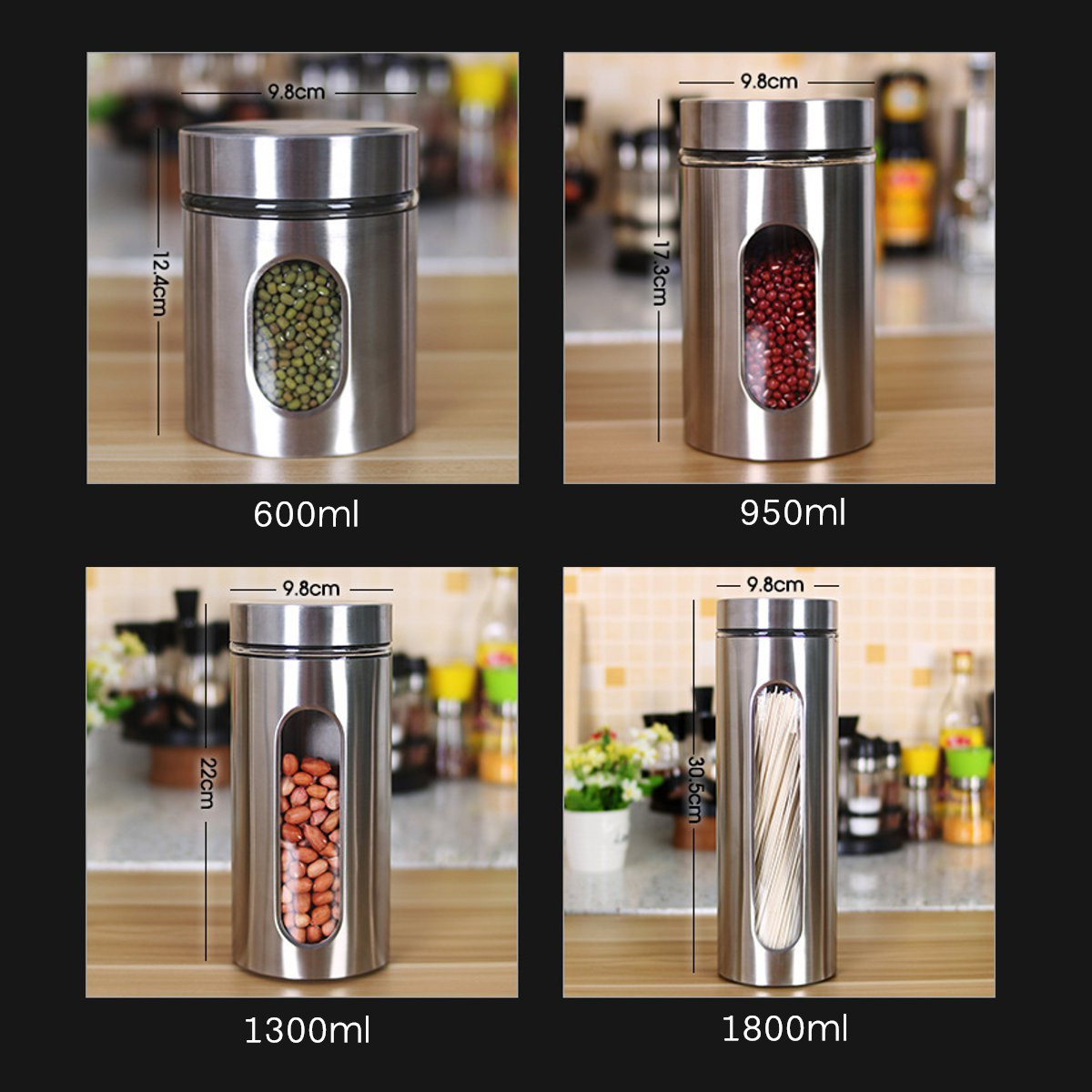 Rustfritt stål oppbevaringsboks krukke te kaffe sukker kjøkken glass beholder container kjøkken sortering arrangør