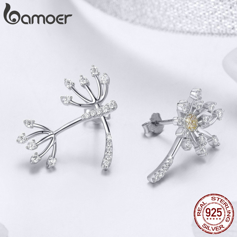 BAMOER Authentische 925 Sterling Silber Blühenden Löwenzahn Liebe Blume Klar kubisch Zirkon Schmuck setzt Frauen Silber Schmuck ZHS088