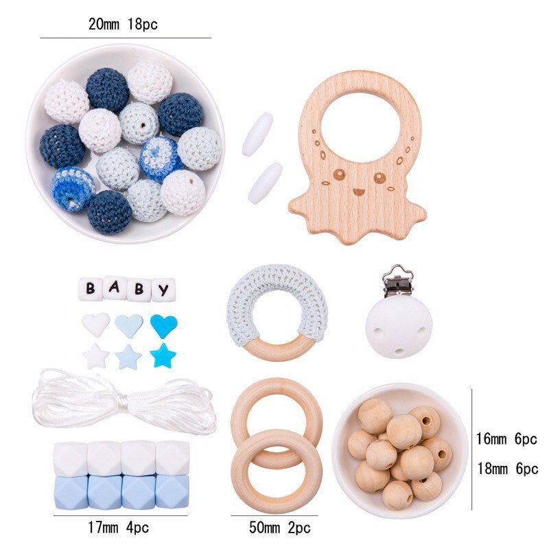 Hacer 1 Juego de mordedor de silicona para dentición de bebé cuentas de perlas de madera artesanía cuerda DIY juego de mordedor de Madera Juguetes de mordedor: 19TZ0291