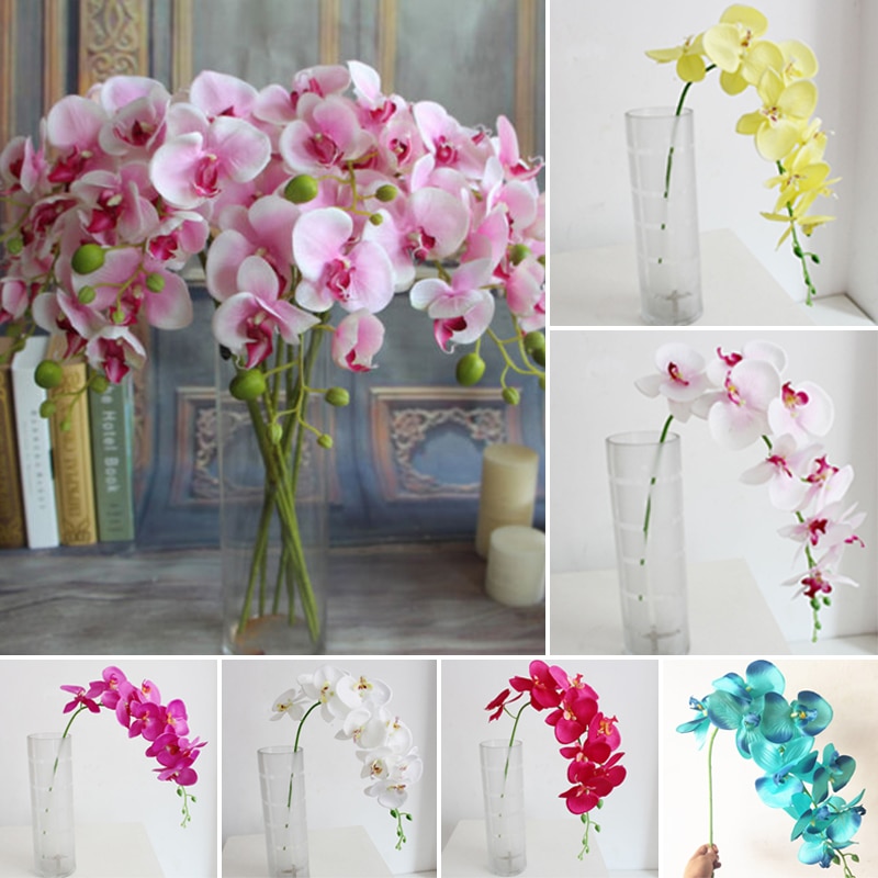 Konstgjord plast fjäril orkidé siden blomma hem bröllop dekoration prydnad enda 9- blomma phalaenopsis konstgjord blomma