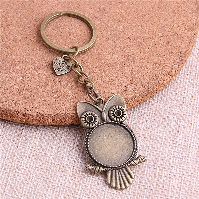 5pcs/lot Metal Key chain round owl Cabochon Setting DIY Vintage Handmade Key Chain Jewelry Making Y1004