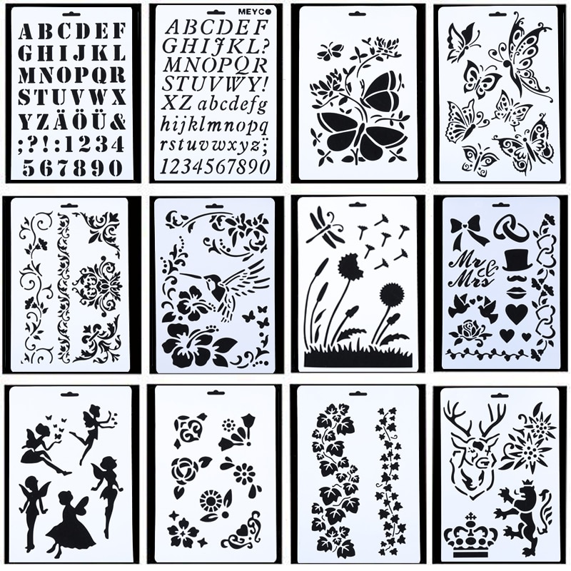 10Pcs Drawing Painting Stencils Scale Template Set 8.3 X 11.7 inch, Plastic Shape Scrapbook Stencils Graphics Stencils for Child