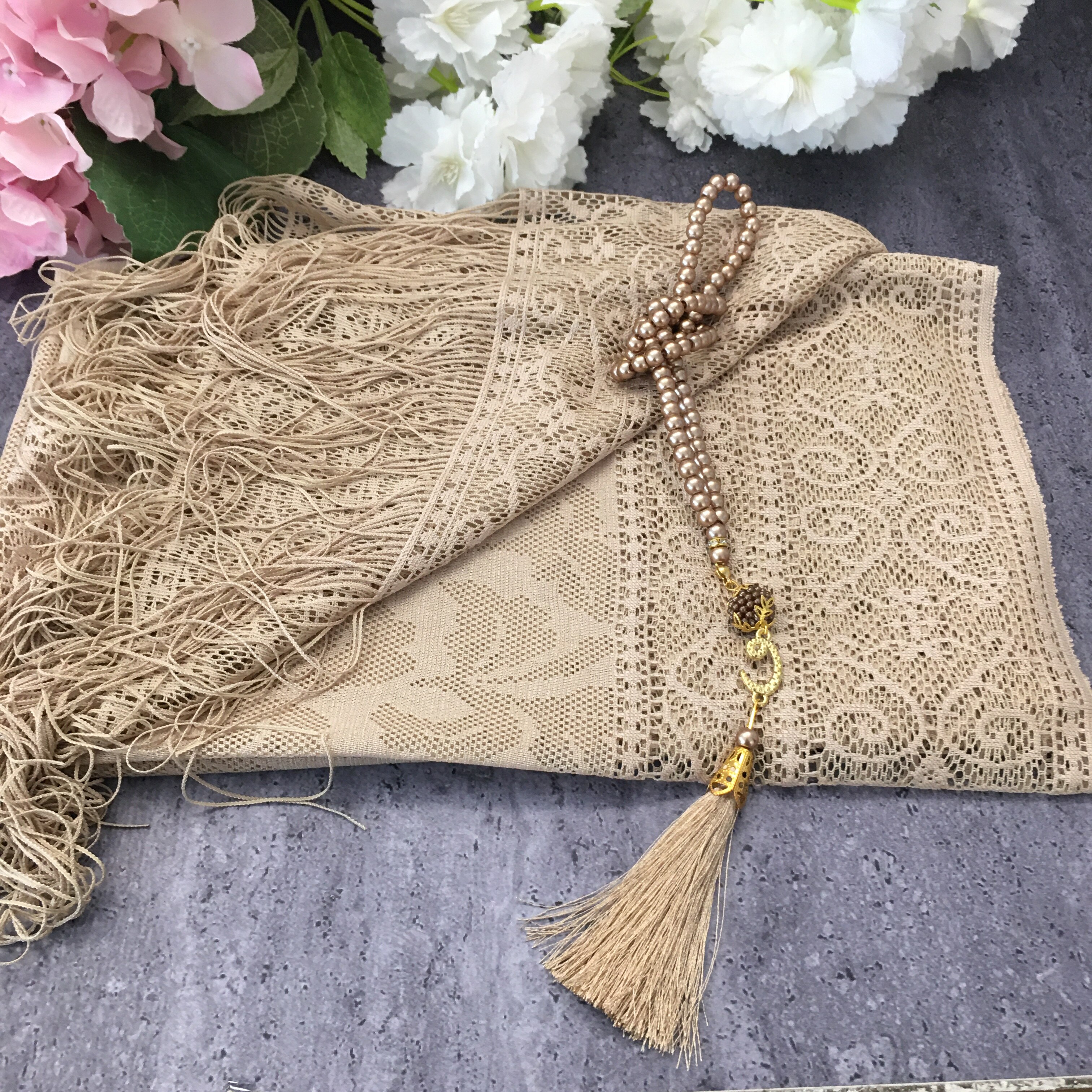 beige sjal tasbeeh sett, sjal islamsk muslim, sjal til kvinne, islamsk til mamma, eid, muslim