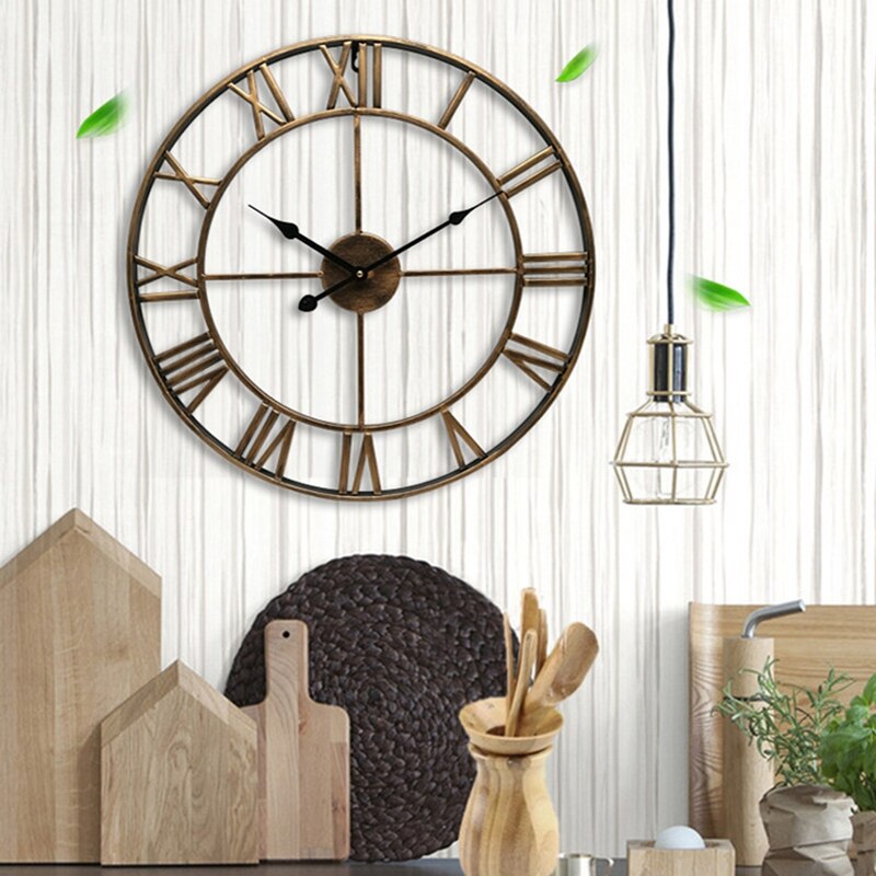 Nordic Roman Numeral Metal Wall Clocks Retro Hollow Iron Round Art Black Gold Large Outdoor Garden Clock Home Decoration 40CM