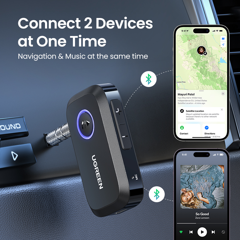 UGREEN-Adaptador de receptor de coche con Bluetooth 3,5, conector auxiliar de 5,3mm para altavoces de coche, receptor de música y Audio, manos libres