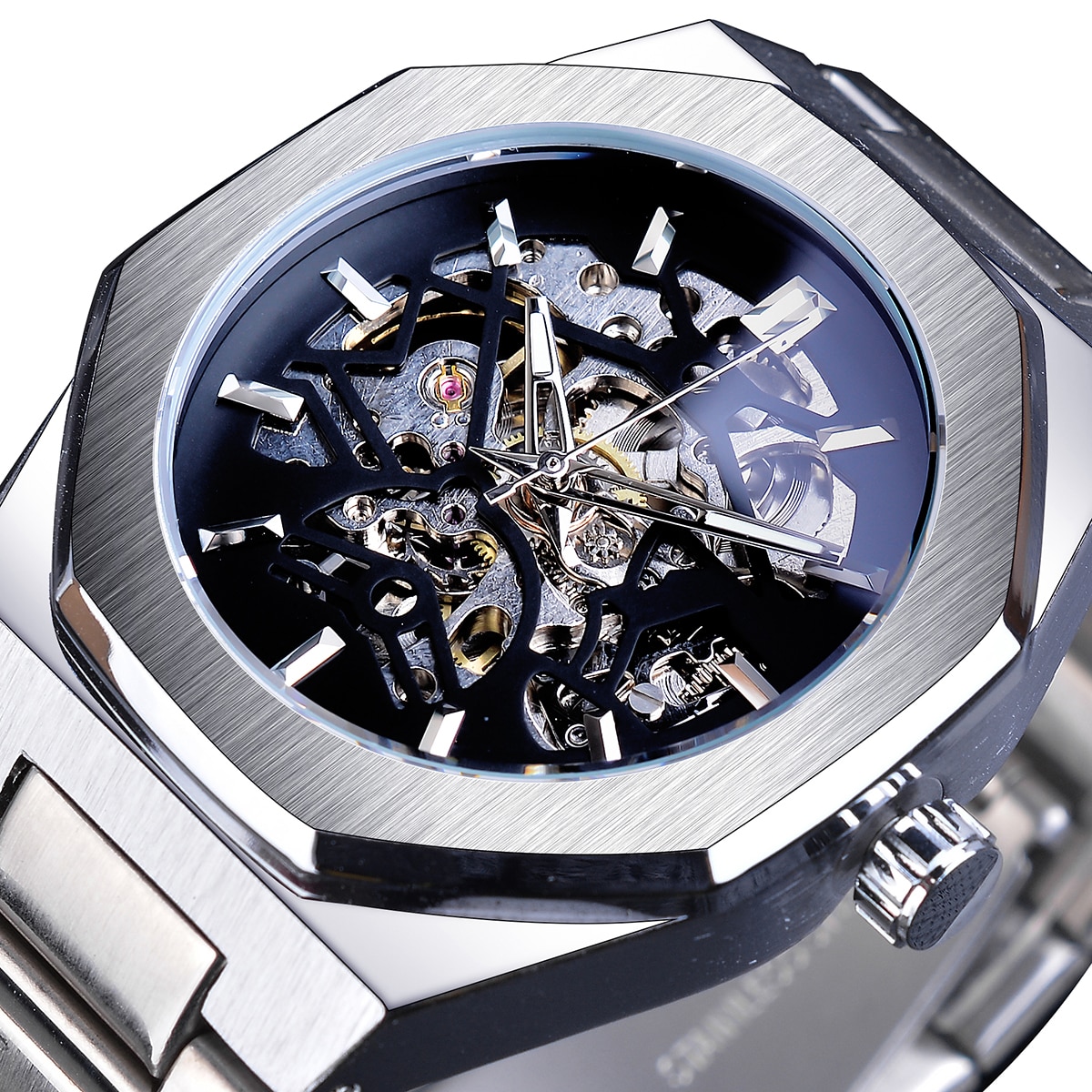 Forsining Zilveren Heren Horloges Top Brand Luxe Automatische Mechanische Roestvrij Blue Skeleton Waterdichte Klok