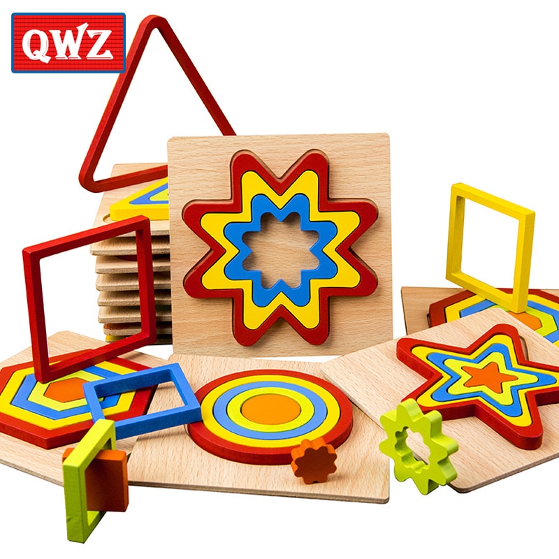 QWZ DIY 3D Wooden Puzzle Geometric Shape Jigsaw Intelligence Develop Montessori Educational Toys For Children Kids Baby