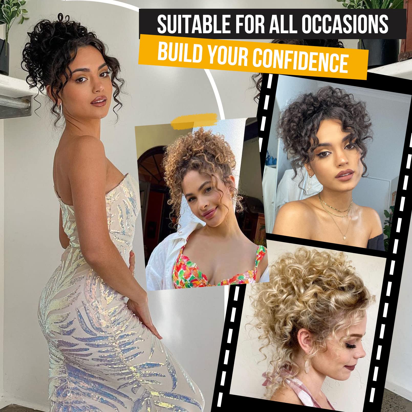 Coque de cabelo bagunçado, peça de cabelo com cordão elástico, onda solta, grande coque encaracolado, 60 gramas, extensão de rabo de cavalo sintético curto para mulheres