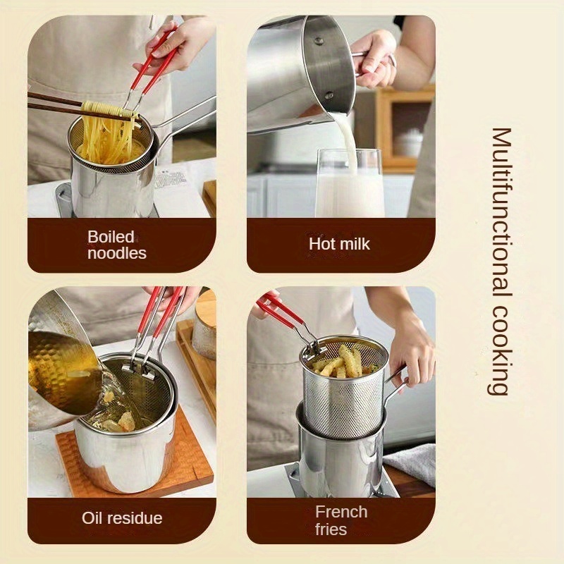 Sartén de acero inoxidable 304, adecuada para freír patatas fritas, pollo, etc., una olla pequeña multifuncional y eficiente en combustible.