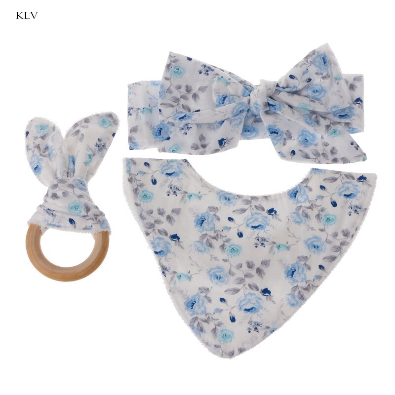 Klv 3 stuks baby konijnenoren bijtring katoenen slabbetjes hoofdband baby speeksel handdoek verzorgingsset