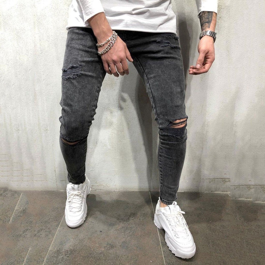 Mens Cool Brand Black Jeans Skinny Ripped Destroyed Stretch Slim Fit Hop Hop Pants With Holes For Men #g3
