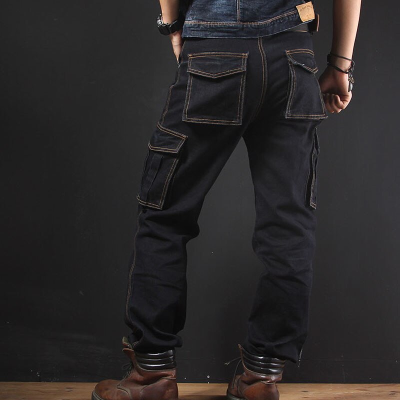 ABOORUN Plus Size 40 Men's Casual Cargo Denim Pants Multi Pockets Cargo Jeans Loose Skateboard Jeans for Male R1258