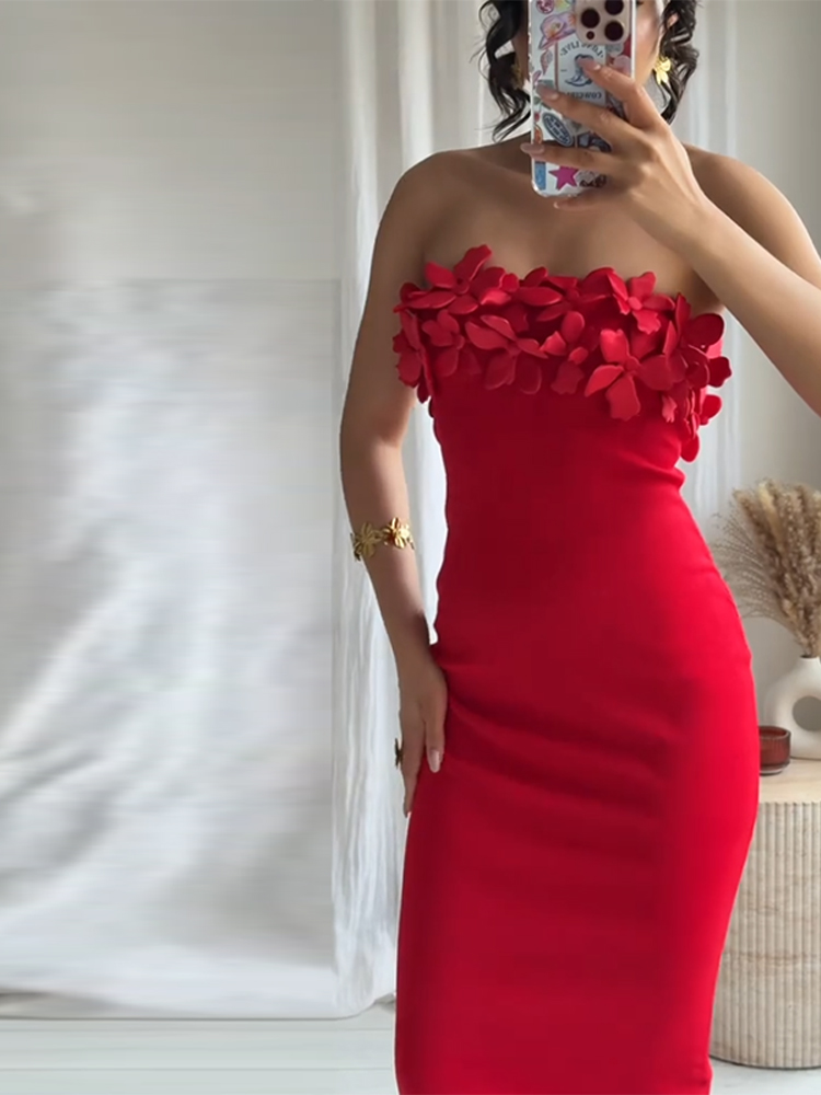 Strapless 3D Bloem Vrouwen Jurk Off Schouder Sexy Backless Slim Fit Satijn Effen Kleur Jurk Gewaden Elegante Wrap Hip Lange Jurken