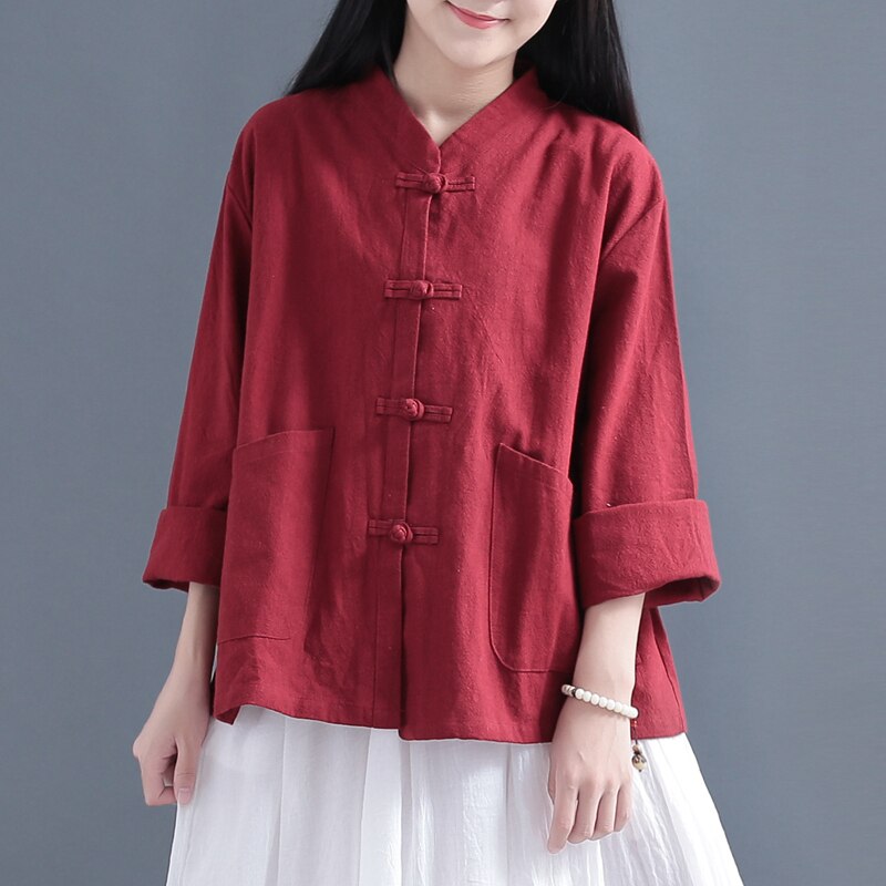 Traditional Chinese Clothing For Women Blouse Stand Collar Chinese Mandarin Jacket Linen Pocket Shirt Ladies Chinese Tops FF2466