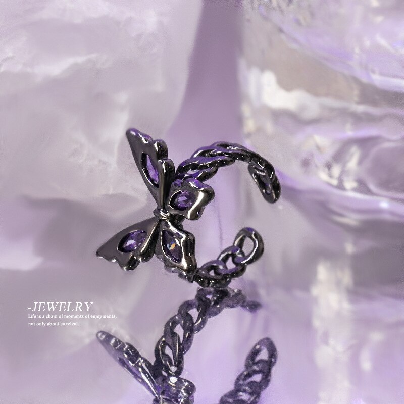 Trendy Gothic Butterfly Open Adjustable Ring Personality Purple Zircon Punk Rings for Women Wedding Party Jewelry Whole: Default Title